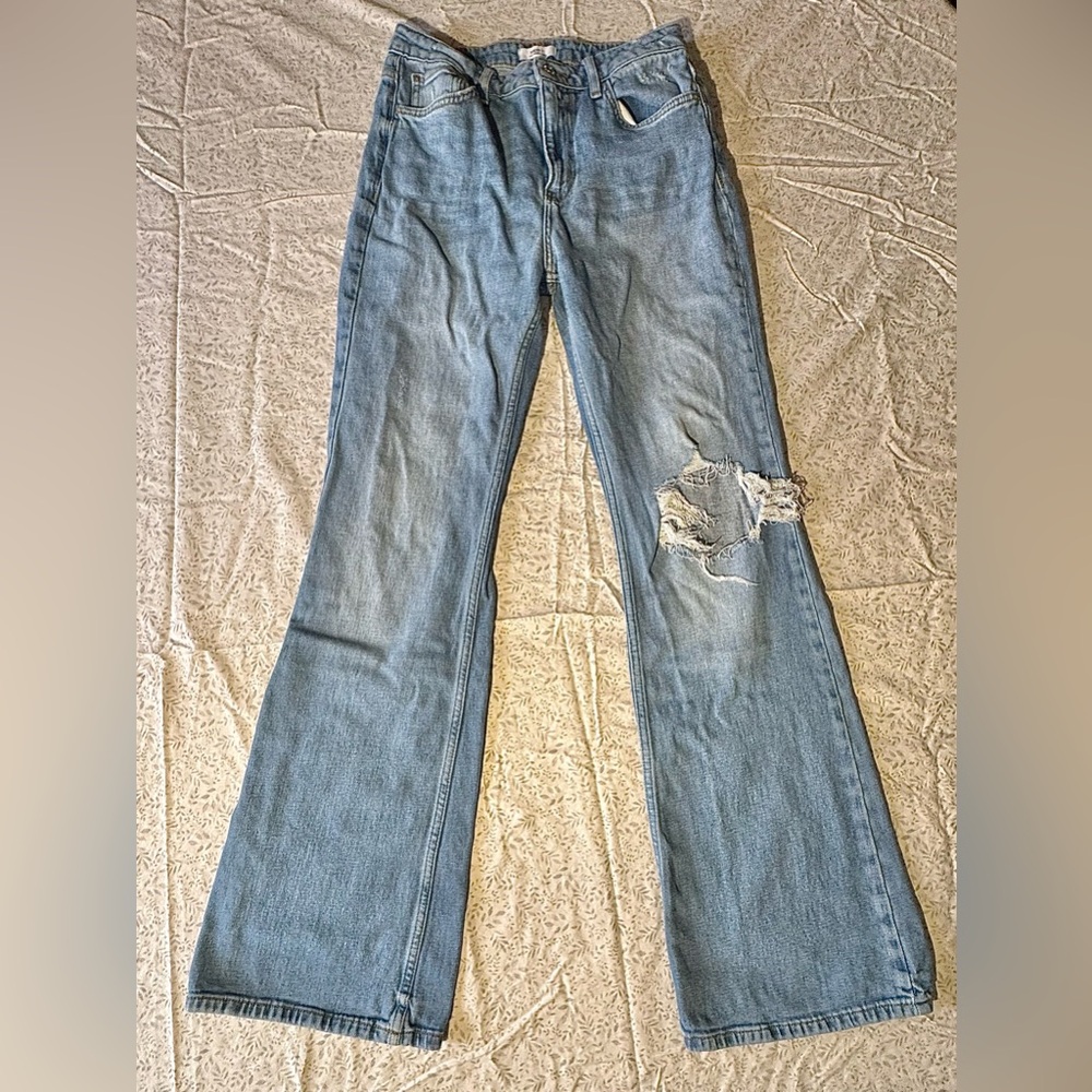 Forever 21 Light Blue Distressed Flare Jeans